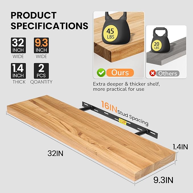 Floating Shelves for Wall, 32"W x 9.3"D x 1.5"H Rustic Solid Elm Wood Wall Shelves, Set of 2 with Invisible Heavy-Duty Metal Bracket, Deep Floating Shelf for Living Room Kitchen, Natural