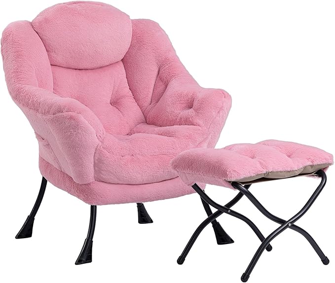 HollyHOME Lazy Chair with Foldable Ottoman, Accent Comfy Lounge Armchair and Folding Footrest Stool, Leisure Sofa Reading Chair and Footstool for Living Room, Bedroom, Dorm,Faux Fur Pink