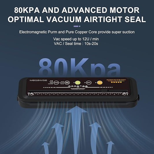 MEGAWISE Model B 2025 Vacuum Sealer | Powerful & Compact | One-Touch Automatic Food Sealer for Cold, Wet, Moist, and Dry Foods | Compatible with Thick, Medium, and Thin Bags | OMNI MACHINE (Black)