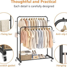 Laiensia Double Rods Garment Rack with Wheels, Clothing Rack for Hanging Clothes,4 Hooks, Multi-functional Bedroom Clothes Rack, Black