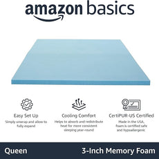Amazon Basics Cooling Gel-Infused Memory Foam Mattress Topper, CertiPUR-US Certified, 3 inches, Queen, Blue