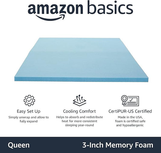 Amazon Basics Cooling Gel-Infused Memory Foam Mattress Topper, CertiPUR-US Certified, 3 inches, Queen, Blue