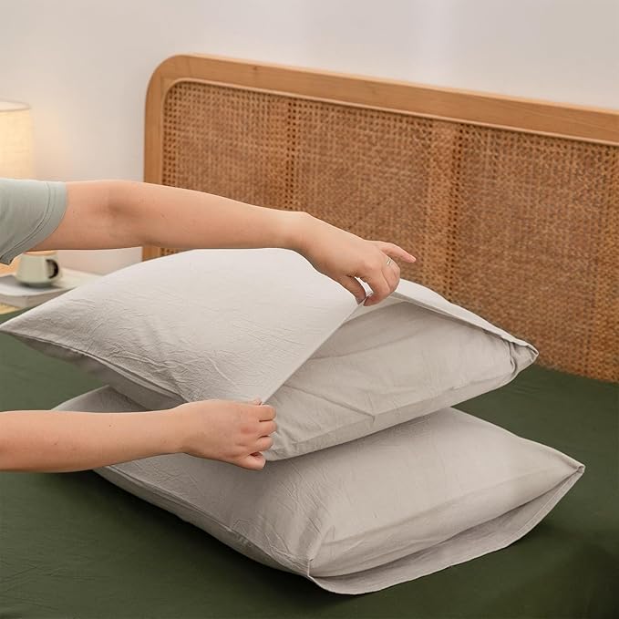 BESTOUCH 100% Washed Cotton Pillowcase for Hair and Skin Linen Feel Soft Comfortable Breathable 2 Set Pillow Case with Envelope Closure Solid Linen Grey King 20x36 Inches