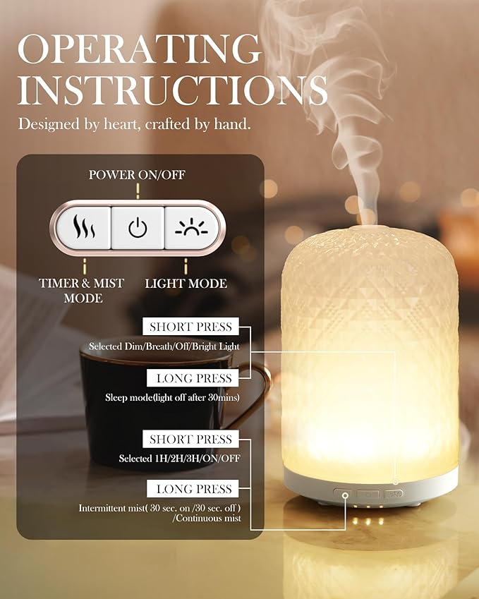 Essential Oil Diffuser – 2.4MHz Ultrasonic Aromatherapy Diffuser, Health Night Light, Timer & Auto Shut-Off, BPA-Free, 120ml Glass Oil Diffuser for Home, Office, Spa, Yoga