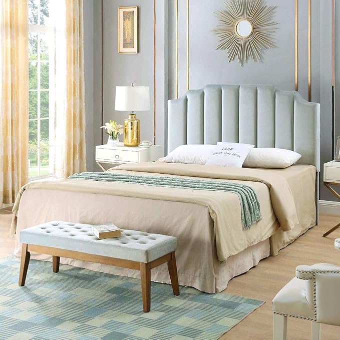 24KF Steel Gray Velvet Tufted Queen Upholstered Headboard, Modern Vertical Channel Design California Queen/Full Headboard with Stepped Silhouette Top Edge, 6026-Q-New Steel Gray