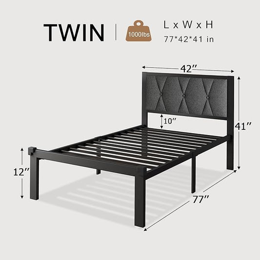 Twin Size Metal Bed Frame, Platform Bed with Upholstered Button Tufted Headboard, 12" Underbed Storage, Steel Slats Support, No Box Spring Needed, Easy Assembly, Noise-Free, Dark Grey