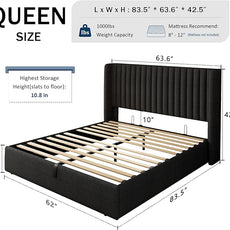 Queen Size Lift Up Storage Bed, Upholstered Platform Bed Frame with Wingback Headboard, Hydraulic System, Solid Wooden Slats Support, Noise-Free, Easy Assembly, No Box Spring Needed, Dark Grey