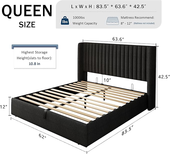 Queen Size Lift Up Storage Bed, Upholstered Platform Bed Frame with Wingback Headboard, Hydraulic System, Solid Wooden Slats Support, Noise-Free, Easy Assembly, No Box Spring Needed, Dark Grey