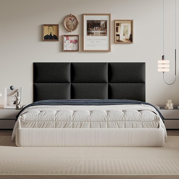 Premium Black Linen-Upholstered Headboard 24x12 Inch 12-Panel Set with High-Density Foam - Wall-Mounted or Freestanding Design for Queen/King Size Beds, Modern Bedroom Decor
