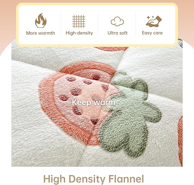 Strawberry Print Fleece Comforter Set - 3 Piece Full Size Comforters for Her Girls, Cozy Thick Warm, Soft Microfiber Bedding Bedroom Decor, (1 Comforter + 2 Pillow Shams)