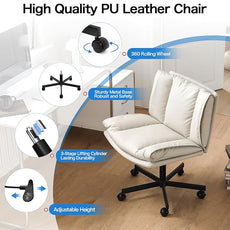 LEAGOO Criss Cross Chair with Wheels, Armless Cross Legged Office Chair, Comfy PU-Leather Desk Chair, Modern Swivel Height Adjustable Computer Task Chair, Wide Seat Cute Chair for Home Office(Beige)