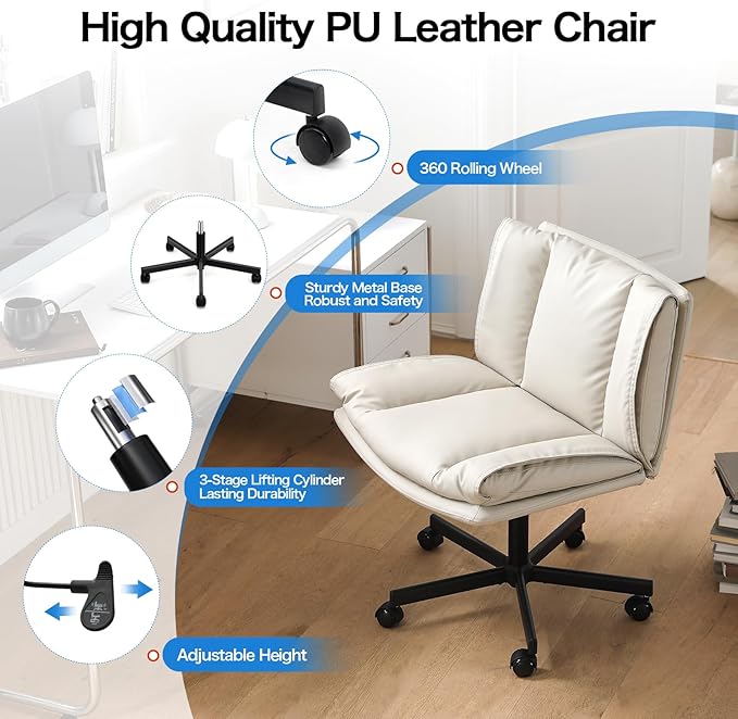 LEAGOO Criss Cross Chair with Wheels, Armless Cross Legged Office Chair, Comfy PU-Leather Desk Chair, Modern Swivel Height Adjustable Computer Task Chair, Wide Seat Cute Chair for Home Office(Beige)