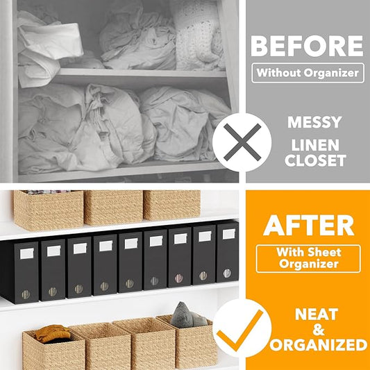 SpaceAid 9 Pack Bed Sheet Organizers and Storage, Foldable Sheet Organizer with Window for Linen Closet, Set Folder Keeper for Queen & King Size Bedding Storage (Black)