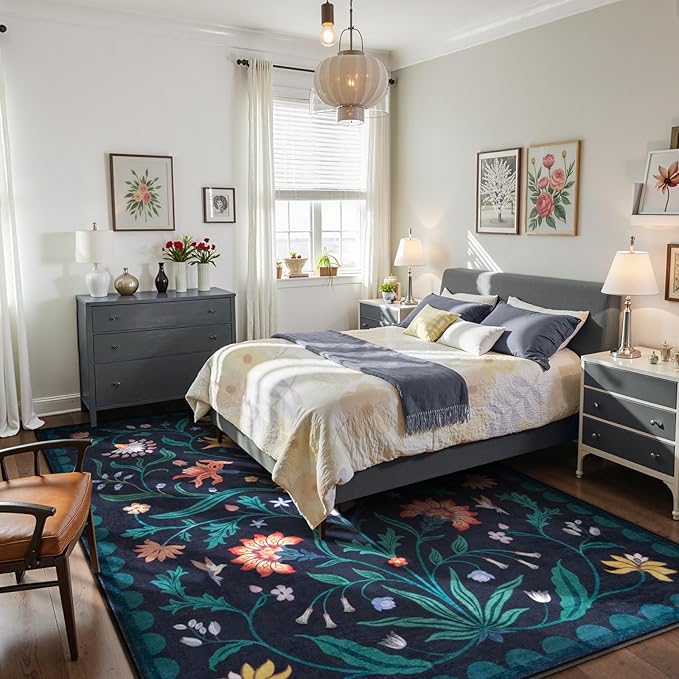 Lahome Boho Floral Washable Dark Blue 9x12 Area Rugs for Living Room, Non Slip Rugs for Bedroom, Indoor Throw Dining Room Carpet for Under Table Home Office Playroom (Dark Blue,9x12ft)