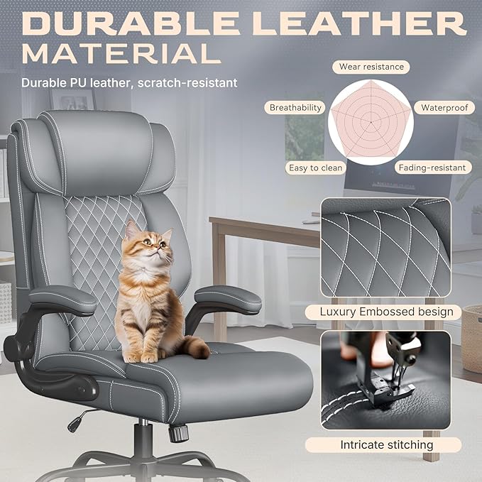 Office Chair, Ergonomic Big and Tall Executive Desk Chair, Breathable Leather Chair with Adjustable Flip-up Armrests, Lumbar Support Swivel Computer Chair with Rocking Function (Gray)