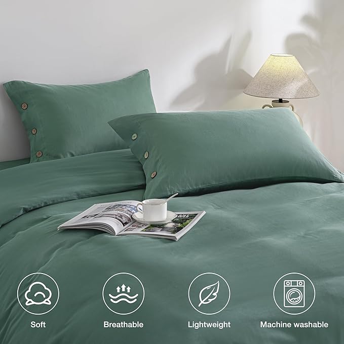 JELLYMONI Pillowcases King Set of 2 Cotton Button Pillow Covers 20×36in Dark Green Bed Pillow Cases 100% Washed Cotton Soft Breathable (Pillows are not Included)