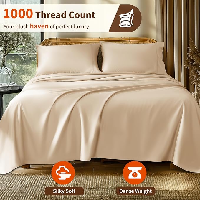 LBRO2M 1000 Thread Count 100% Egyptian Cotton Sheets Set Queen Size, 4 Piece Sets Bed Sheet Deep Pocket Sheet Set 16" Soft Comfortable All Season (Queen, Cream) LBRO2MBedding