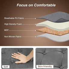 65 Inch Bedroom Bench, End of Bed Bench with Storage, Bed Benches for Foot of Bed, Faux Leather Window Bench with Tufted Button and Nailhead Trim, Upholstered Storage Bench with Rolled Arms, Gray