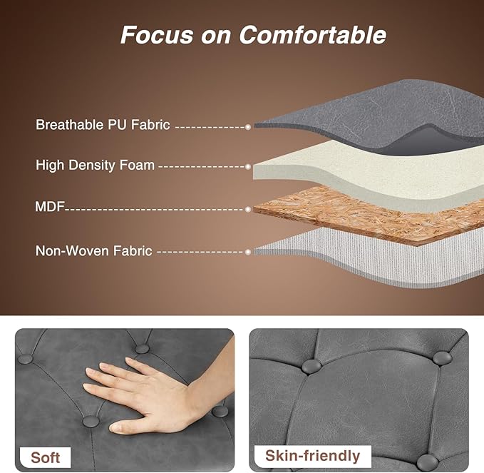 65 Inch Bedroom Bench, End of Bed Bench with Storage, Bed Benches for Foot of Bed, Faux Leather Window Bench with Tufted Button and Nailhead Trim, Upholstered Storage Bench with Rolled Arms, Gray