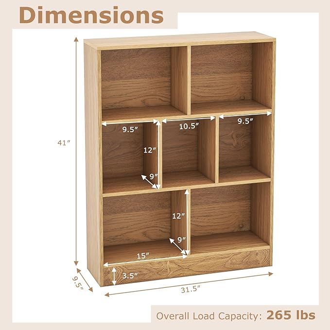 Tangkula 7-Cube Bookshelf, 41” Floor Bookcase with 2 Anti-Tipping Kits, Freestanding Storage Organizer, 4-Tier Display Shelf for Home, Office & Dorms, Natural/White (Natural, 7-Cube)