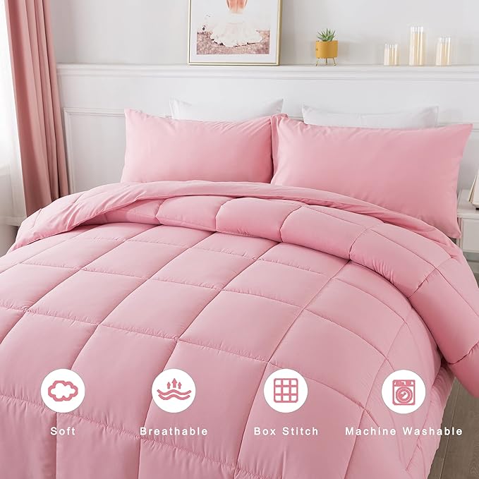 DOWNCOOL Twin Comforter Set -All Season Bedding Comforters Sets with 1 Pillow Case -2 Pieces Bed Set Down Alternative Comforter Set -Pink Twin Bedding Sets(64"x88")