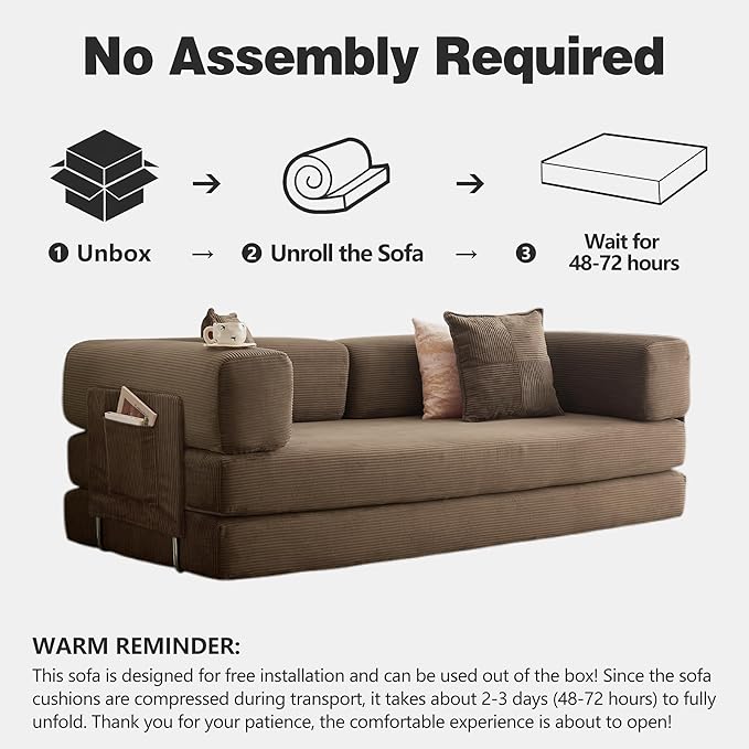 78.8" Convertible Sofa Bed -Compression Sofa with Corduroy Fabric - with Armrests and Backrest - Modular Sectional for Living Room, Bedroom, Studio - Compression Sofa in Box (Brown)
