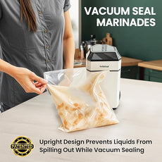 Vacuum Sealer for Food with 12 Bags, Preserves Foods 5x Longer, Space Saving Compact Upright Design Allows Machine to Seal Marinades, Soups, Meats for Sous Vide Cooking, Vegetables