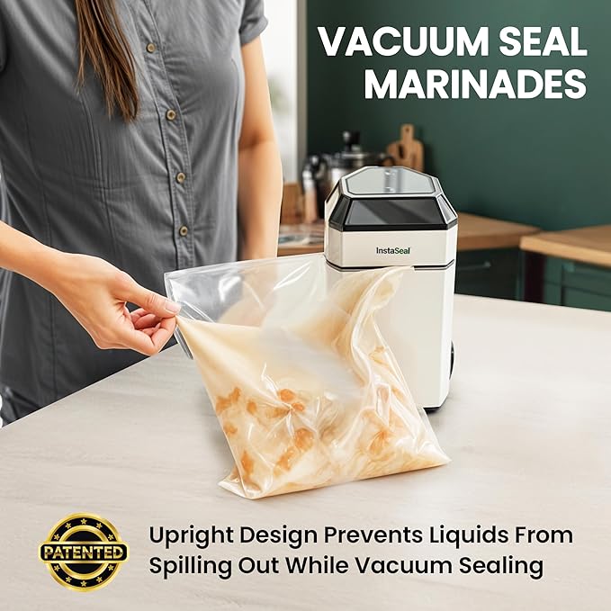 Vacuum Sealer for Food with 12 Bags, Preserves Foods 5x Longer, Space Saving Compact Upright Design Allows Machine to Seal Marinades, Soups, Meats for Sous Vide Cooking, Vegetables