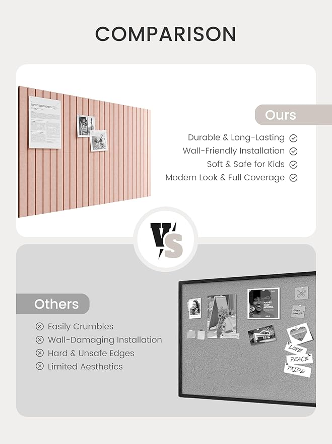 Bumusty Large Cork Board Alternative-36 x24 Felt Bulletin Board Tiles, with 30 Pushpins, 40 Adhesive Tabs, 6-Pack Slat Wall Paneling, Cork Boards for Office Push Pin Board Felt Board-Pink