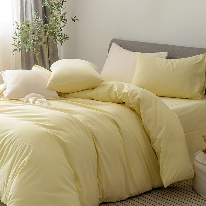 FOSSA Duvet Cover Set 100% Washed Cotton Linen Feel Super Soft Breathable Cozy 3 Pieces Bedding Sets Solid Pastel Yellow Super King