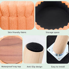 Wimarsbon Storage Ottoman,Soft Faux Fur Footstool with Padded Seat, Small Reading Vanity Chair, Footrest with Wood Tray for Couch, Mini Coffee Table or Display Stand (Orange, Round Storage)