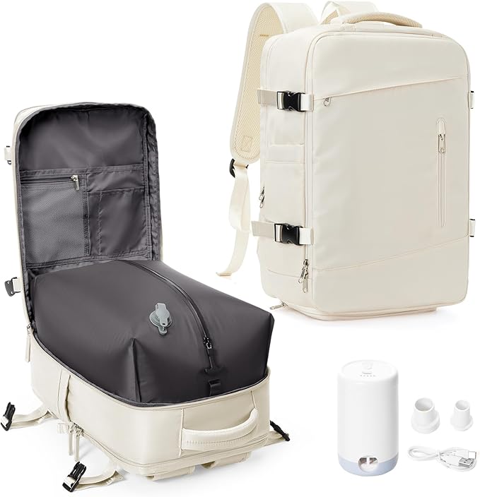 Vacuum Travel Backpack with Electric Vacpack Pump for Women, 40L Expandable Vacuum Compression Bags Personal Item Backpacks Flight Approved Traveling Carry on Suitcase Luggage, Beige
