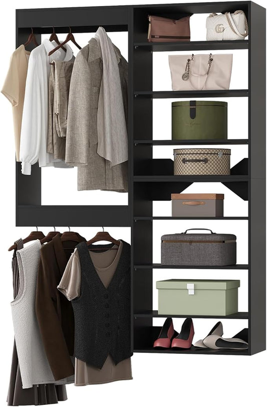 Modular Closet System, 43" Wide Closet Organizer System with Towers and Hanging, Wood Closet Tower Storage for Walk In Closets, Wall Mounted Wardrobe Organizer Kit System, Bedroom, Black