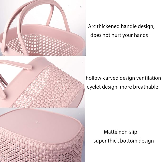 rejomiik 2 Pack Plastic Shower Caddy Basket, Portable Organizer Storage Tote with Handles Toiletry Bag Bin Box for Bathroom, College Dorm Room Essentials, Kitchen, Camp, Gym, Pink