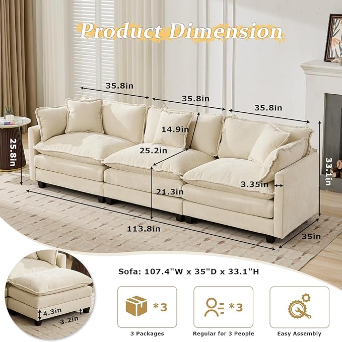 SoarFlash 113.78" Chenille Sectional Sofa, Comfy Modular Loveseat Sofa, Modern 3-Seat Couch Deep Seat Sofa Set for Living Room,Beige