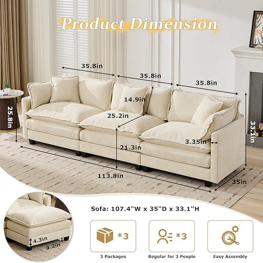 SoarFlash 113.78" Chenille Sectional Sofa, Comfy Modular Loveseat Sofa, Modern 3-Seat Couch Deep Seat Sofa Set for Living Room,Beige
