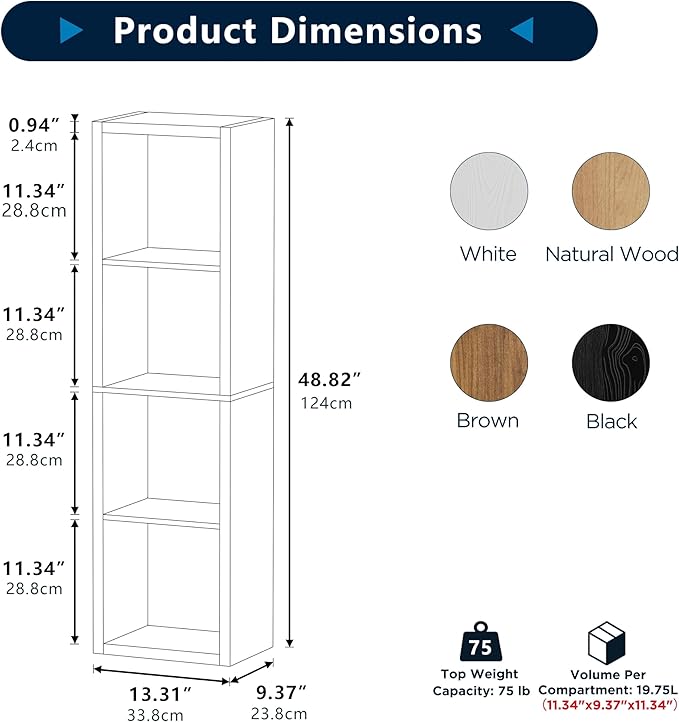 4 Cube Storage Organizer Single Row, Cube Shelf with Heavy-Duty Thick Boards, 13.31"L x 9.37"W x 48.82"H, Smooth Easy-Clean Panels, Simple Assembly, for Living Room Bedroom Office, Natural-Oak