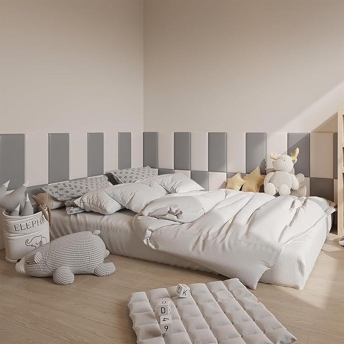 3D Anti-Collision Wall Padding for Kids Self-Adhesive 4PCS Grey headboard Panels for Wall Peel and Stick headboard