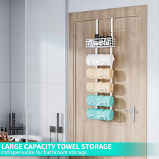 HapiRm Over The Door Towel Rack - 6 Tier Wall Mount Rolled Towel Holder Storage Organizer Shelf with Storage Basket for Small Bathroom, Rv, Camper - White
