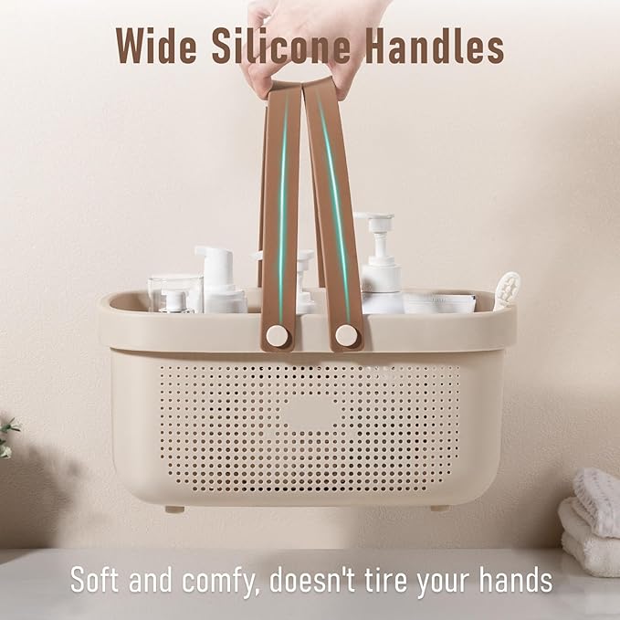 JiatuA Plastic Storage Basket with Handle Portable Shower Caddy Tote Organizer Basket Bin for Bathroom Kitchen Dorm Room Bedroom, Beige