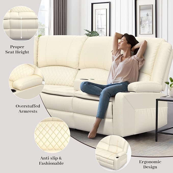 Manual Reclining Sectional Sofa Set, 7 Seats Soft Leather Recliner Corner Sectional Couch, Family-Sized L-Shaped Recliner Couch with USB Charging, Thickened Padding, Sturdy Frame, White
