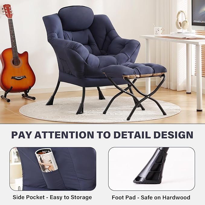 Tiita Lazy Chair with Ottoman, Modern Large Accent Lounge Armchair, Comfy Leisure Sofa Reading Chair with Footrest for Bedroom, Living Room, Dorm Rooms, Garden and Courtyard, Navy