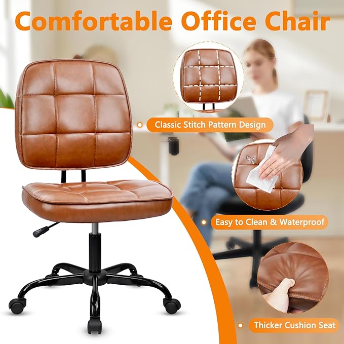 CLATINA Armless Home Office Chair with Lumbar Support and Wheels, Small PU Leather Ergonomic Low Back Desk Chairs No Arms, Adjustable Height 360° Swivel Rolling Computer Task Chair, Brown, 8 Pack