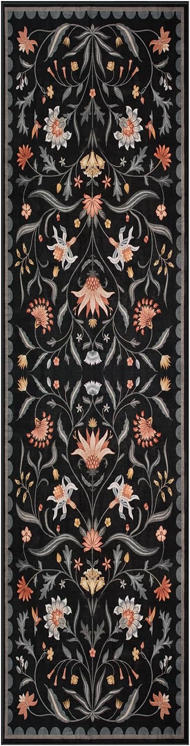 Lahome Boho Floral 2'6"x8' Washable Runners for Hallways, Kitchen Runner Rugs Non Skid Ultra-Thin, Soft Hallway Rug Throw Carpet Runners for Bedroom Bathroom Laundry Room (Black,2.6x8ft)