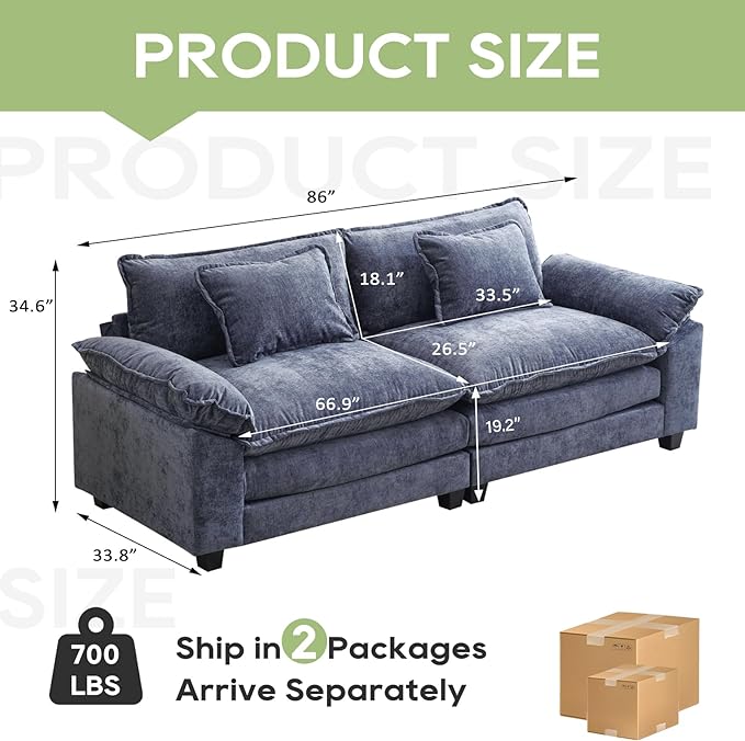 86" Modular Sectional Sofa, Comfy Cloud Couch Sectional Sofa, Chenille Sofa Sleeper Deep Seat Sofa with Throw Pillows for Living Room (Blue, 86"- Loveseat)