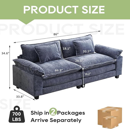 86" Modular Sectional Sofa, Comfy Cloud Couch Sectional Sofa, Chenille Sofa Sleeper Deep Seat Sofa with Throw Pillows for Living Room (Blue, 86"- Loveseat)