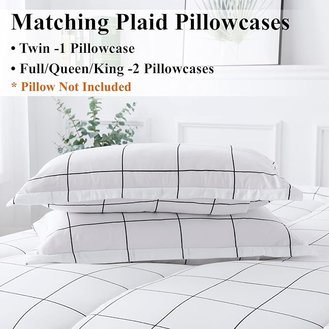 Andency White Grid Comforter Set Queen(90x90Inch), 3 Pieces (1 Plaid Comforter and 2 Pillowcases) White Plaid Comforter Set, Lightweight Microfiber Gingham Geometric Comforter Bedding Set