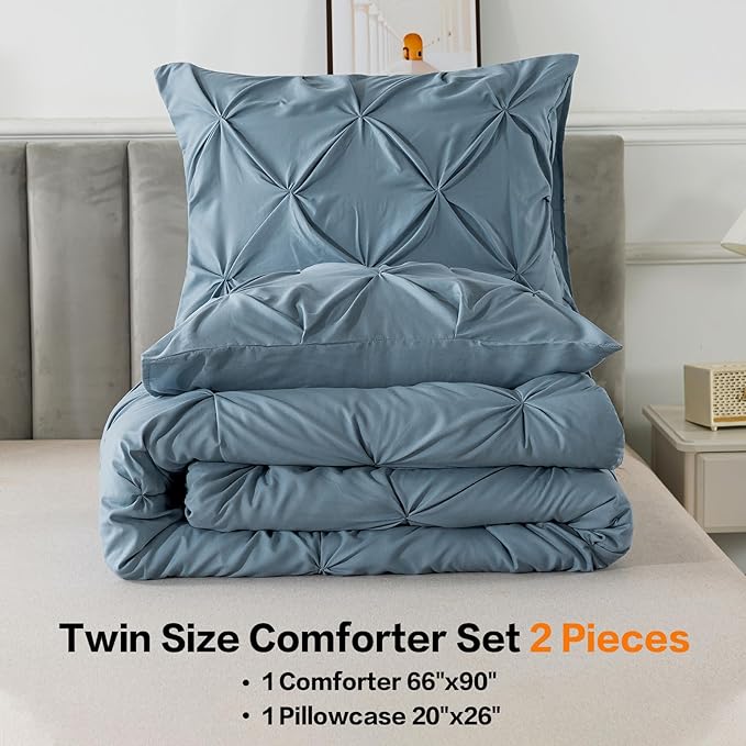 Andency Grayish Blue Pinch Pleat Comforter Twin(66x90Inch), All Season 2 Pieces(1 Pintuck Comforter, 1 Pillowcase) Microfiber Pintuck Comforter Sets Down Alternative Comforter Bedding Set
