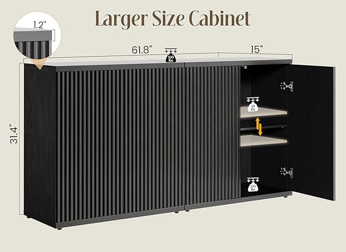 Fluted Buffet Cabinet Sideboard with Storage,Wooden Credenza with 2 Doors&Adjustable Shelve, Modern Accent Cabinets Coffee Bar Bookcase for Living Room,Kitchen Dining Room Entryway 15"D Black