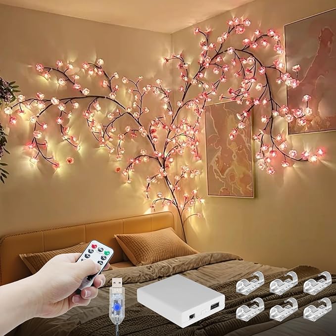 Cherry Enchanted Willow Vine Lights, 6FT 96LED Pink Cherry Blossom Tree Branch Lights for Wall, Remote Timer,8 Light Model,Bedroom Wall Doors Wedding, Christmas, USB Battery Box